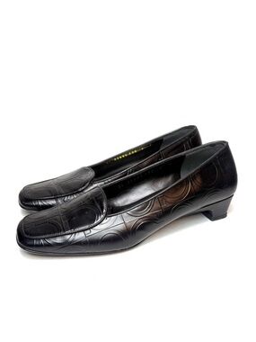 Salvatore Ferragamo Black Leather Embossed Kitten Heels | 6